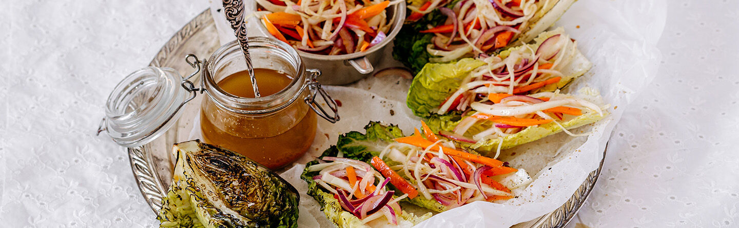 BBQ chargrilled little gems, filled with salad