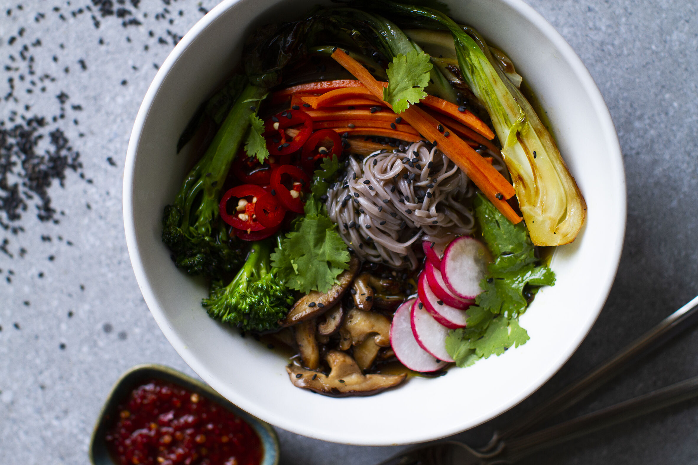 Feel-good ramen soup with bok choy, bimi and shiitake mushrooms