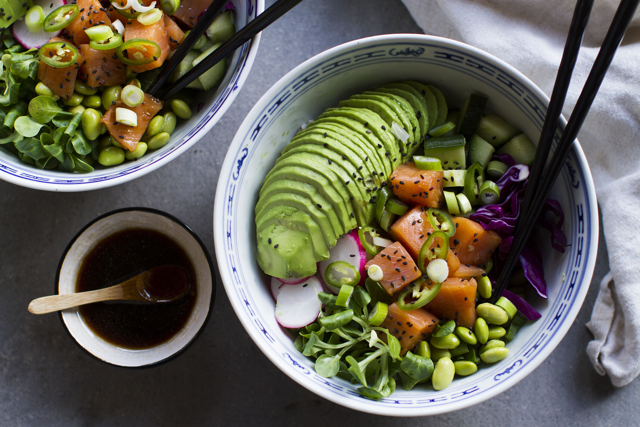 A Delicious Umami Poke Bowl with Fresh, Raw Salmon