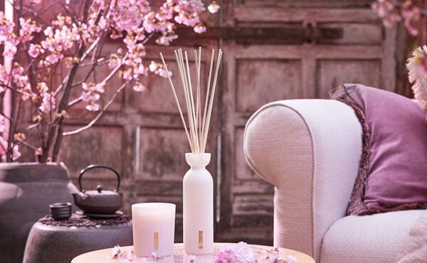 A living room with a beige sofa, pink cushions and a pot with a cherry blossom tree in the background. On a small table is The Ritual of Sakura candle and fragrance sticks.