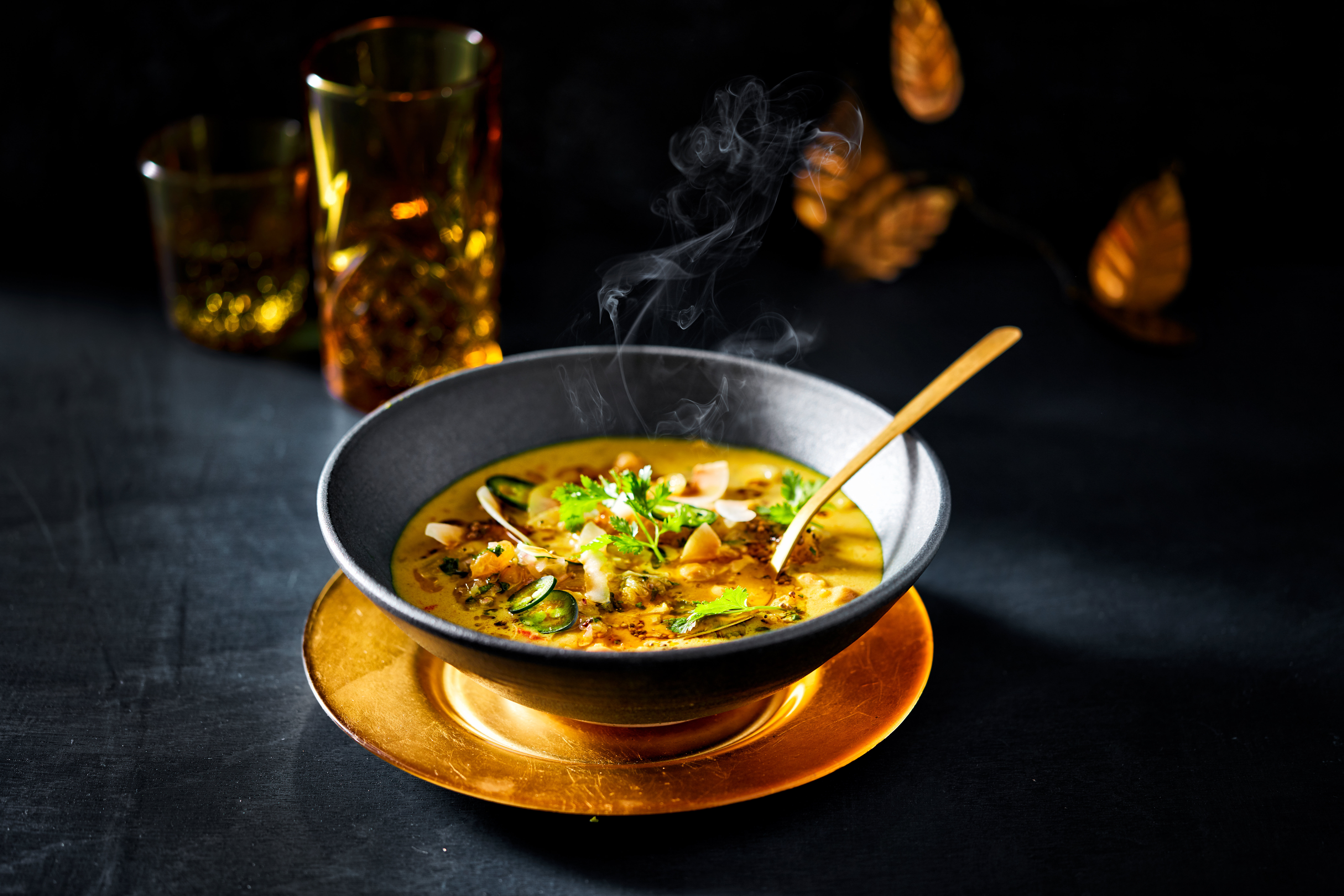 Golden chickpea soup with turmeric, coconut & jalape&ntilde;o