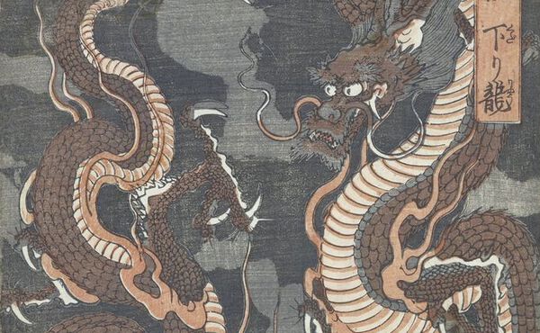 Traditional Japanese artwork of a fierce dragon with scales and whiskers swirling in storm clouds.